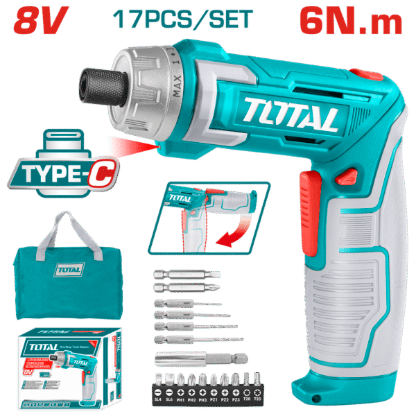 ATORNILLADOR INALAMBRICO 8V ESTUCHE PLASTICO + 17 PIEZAS