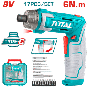 ATORNILLADOR INALAMBRICO 8V, 6N.M ESTUCHE PLASTICO + 17 PIEZAS